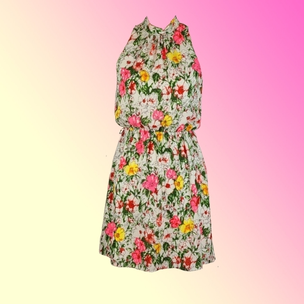 Bright Multicolor Pink Yellow White Floral Vintage Summer Dress